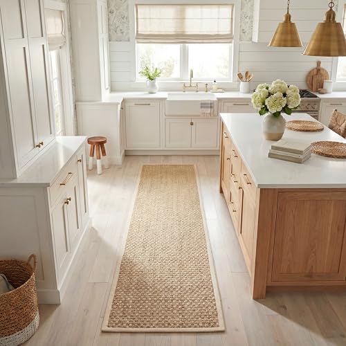 SAFAVIEH Natural Fiber Collection Runner Rug - 2'6" x 12', Natural & Beige, Seagrass, Basketweave Pattern with Border (NF114A)