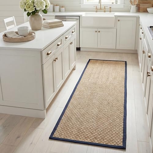 SAFAVIEH Natural Fiber Collection Runner Rug - 2'6" x 8', Natural & Blue, Seagrass, Basketweave Pattern with Border (NF114E)