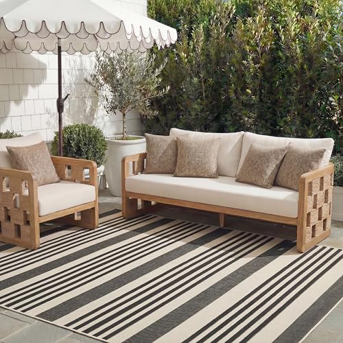 SAFAVIEH Courtyard Collection Area Rug - 8' x 11', Black & Bone, Stripe Design, Non-Shedding & Easy Care, Indoor/Outdoor & Washable-Ideal for Patio, Backyard, Mudroom (CY6062-216)