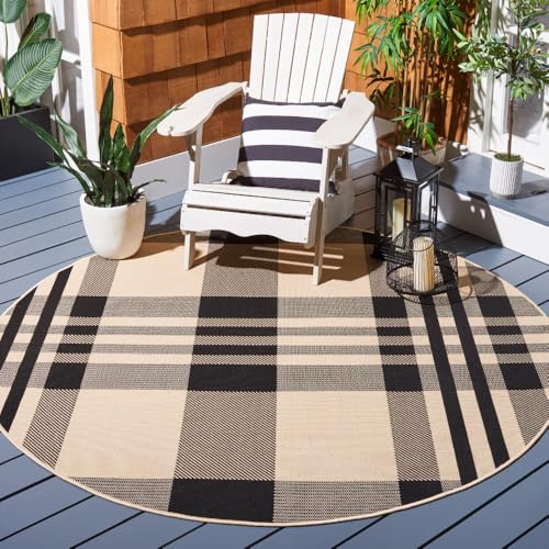 SAFAVIEH Courtyard Collection Area Rug - 6'7" Round, Black & Bone, Indoor/Outdoor, Plaid Pattern, Weather Resistant & Washable, Ideal for Patio, Backyard, Mudroom, Deck, Dining Space (CY6201-216)