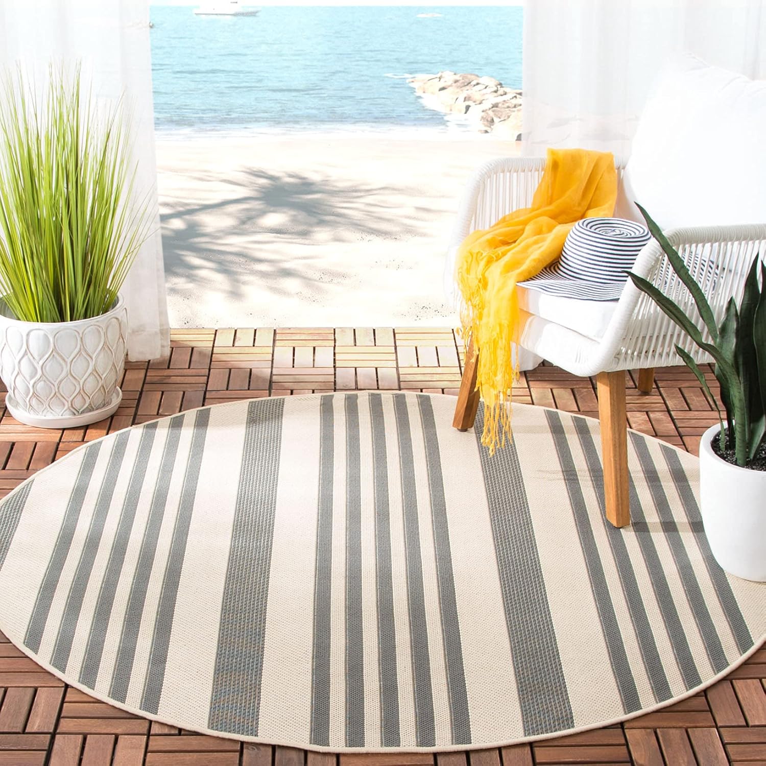SAFAVIEH Courtyard Collection Area Rug - 6'7" Round, Grey & Bone, Stripe Design, Non-Shedding & Easy Care, Indoor/Outdoor & Washable-Ideal for Patio, Backyard, Mudroom (CY6062-236)
