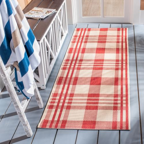 SAFAVIEH Courtyard Collection Runner Rug - 2'3" x 10', Red & Bone, Indoor/Outdoor, Plaid Pattern, Weather Resistant & Washable, Ideal for Entryway, Patio, Kitchen, Hallway, Mudroom (CY6201-238)