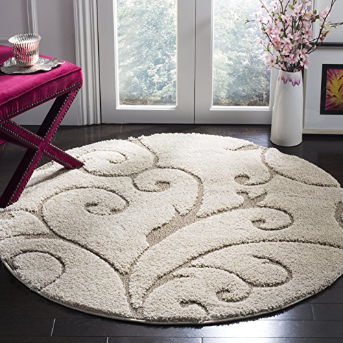 SAFAVIEH Florida Shag Collection Area Rug - 4' Round, Cream & Beige, Scroll Design, Non-Shedding & Easy to Clean, High-Low Plush Pile, Ideal for Living Room, Bedroom, Dining Space (SG455-1113)