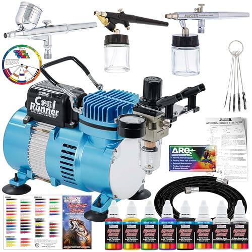 Master Airbrush Cool Runner II Airbrush Kit with Dual Fan Air Compressor, 3 Airbrushes, 6 Color Acrylic Paint Set, Cleaning Brushes & How-To Air Brush Manual, Gravity & Siphon Feed
