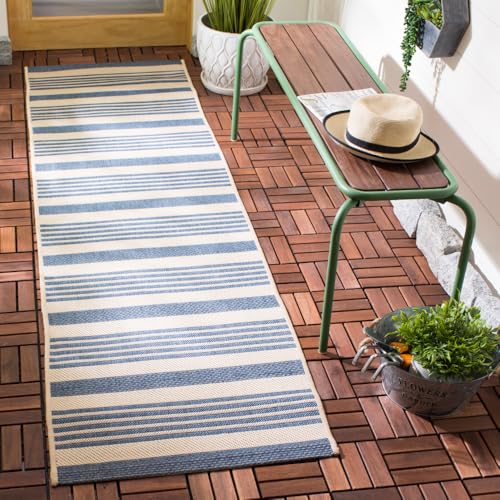 SAFAVIEH Courtyard Collection 2'3' x 8' Beige/Blue CY6062 Stripe Indoor/ Outdoor Patio Backyard Mudroom Runner Rug
