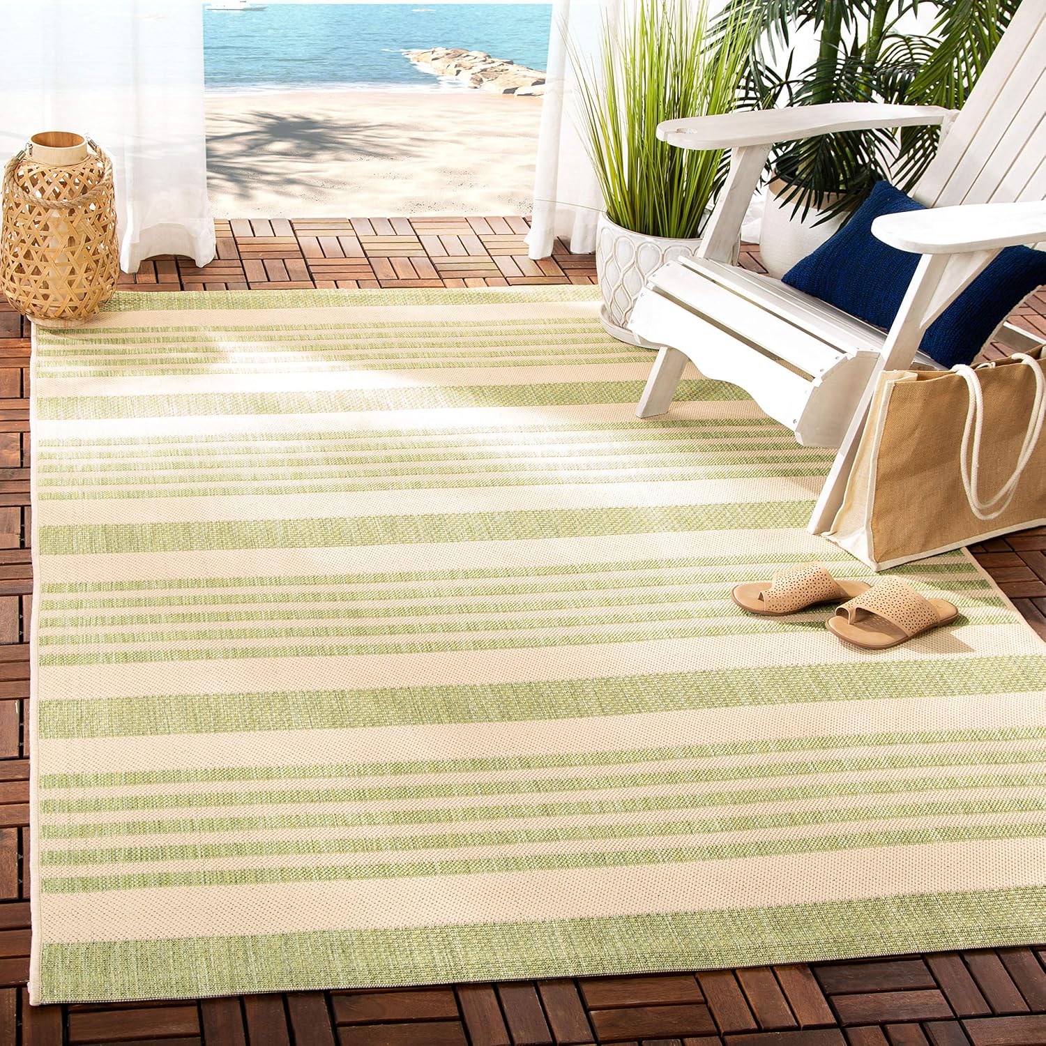 SAFAVIEH Courtyard Collection Area Rug - 5'3" Square, Beige & Sweet Pea, Stripe Design, Non-Shedding & Easy Care, Indoor/Outdoor & Washable-Ideal for Patio, Backyard, Mudroom (CY6062-218)