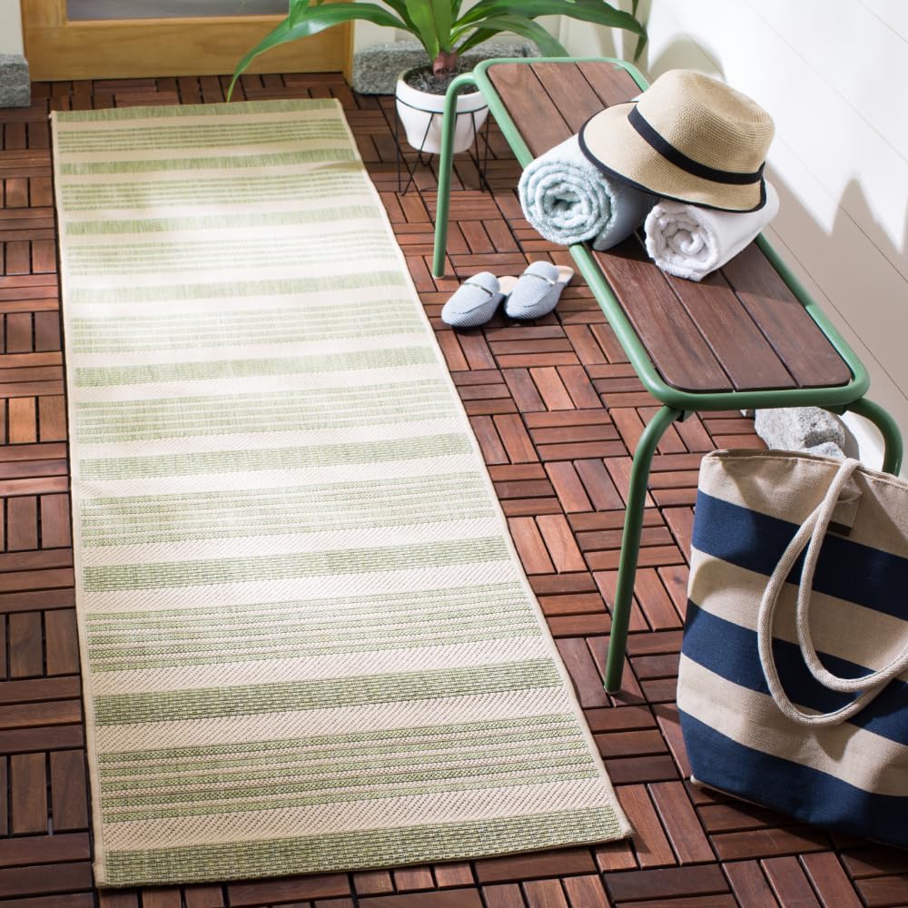 SAFAVIEH Courtyard Collection Runner Rug - 2'3" x 8', Beige & Sweet Pea, Stripe Design, Non-Shedding & Easy Care, Indoor/Outdoor & Washable-Ideal for Patio, Backyard, Mudroom (CY6062-218)