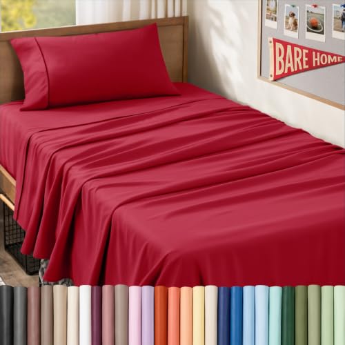 Bare Home Twin XL Sheet Set - College Dorm Size - Luxury 1800 Ultra-Soft Microfiber Twin Extra Long Bed Sheets - Deep Pockets - Easy Fit - Extra Soft - 3 Piece Set - Bed Sheets (Twin XL, Red)
