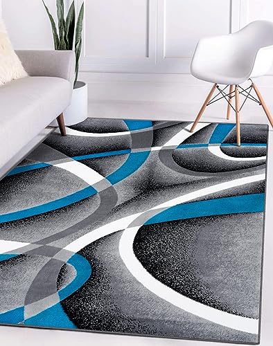 Persian Area Rugs Turquoise 8x10 2305 White Swirls 7'10 x10'6 Modern Abstract Area Rug, 8' x 10'