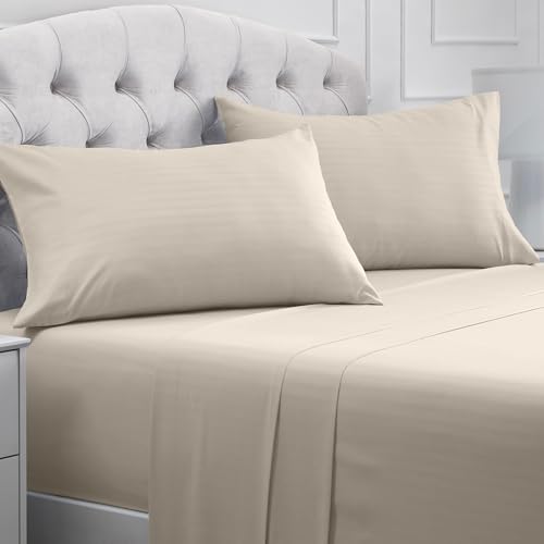 Mellanni King Size Sheets Set - 4 Piece Iconic Collection Bedding Sheets & Pillowcases - Extra Soft, Cooling Bed Sheets - Deep Pocket up to 16" - Wrinkle, Fade, Stain Resistant (King, Striped Beige)