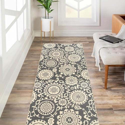 Custom Size Grey Floral Medallion Rubber Backed Non-Slip Hallway Stair Runner Rug Carpet 31 inch Wide Choose Your Length 31in X 40ft