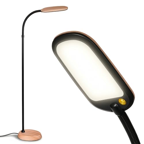 Brightech Litespan Slim LED Floor Lamp - Modern Reading Light Over Chair for Living Rooms & Offices, Tall With Adjustable Gooseneck, Crafts Work Light, Dimmable Standing for Bedroom - Wood