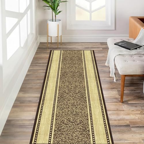 Kapaqua Custom Size Brown Gold Beige Bordered Rubber Backed Non-Slip Hallway Stair Runner Rug Carpet 31 inch Wide Choose Your Length 31in X 40ft