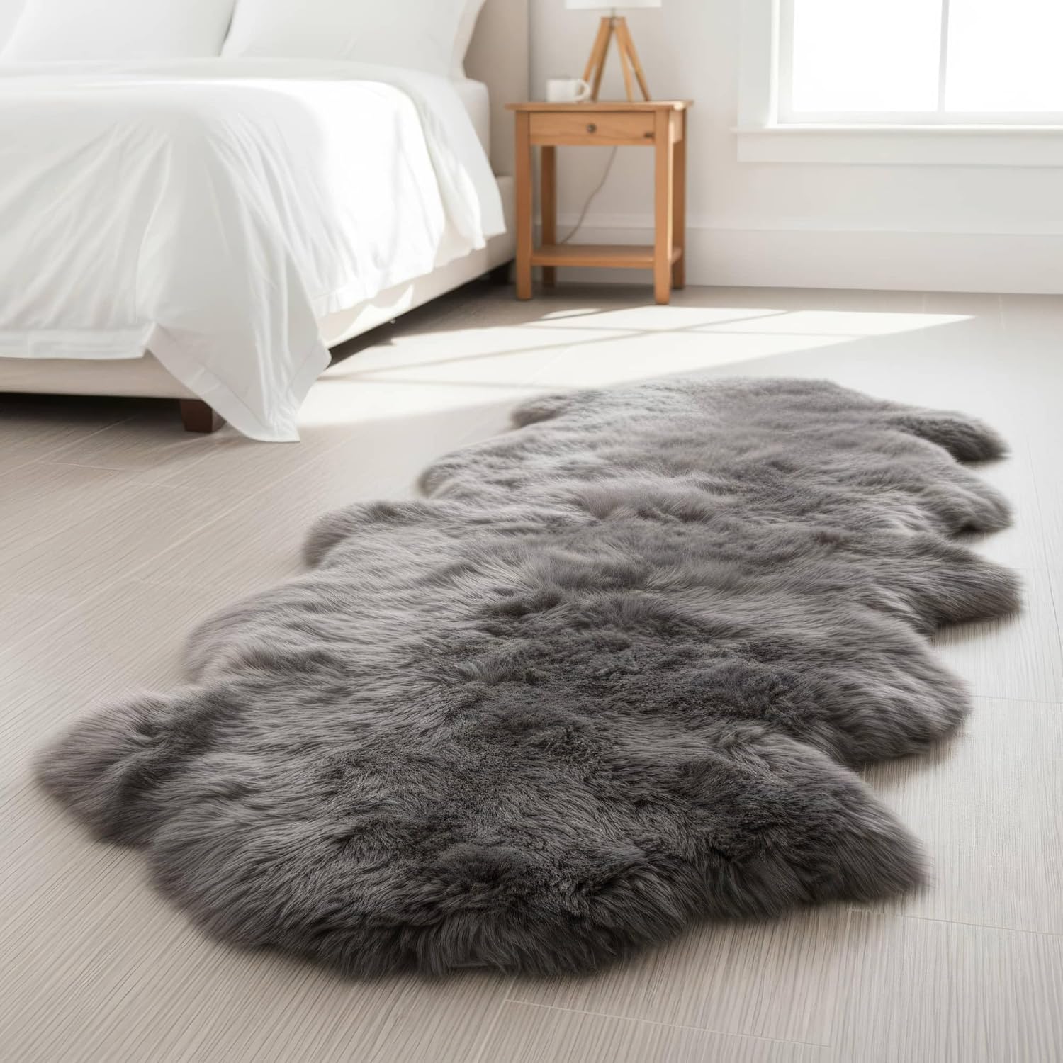 Premium Gray Sheepskin Rug Genuine Fur Bedside Runner 2x6ft - Great for Soothing Feet - Ethically Sourced Sheep Fur Rugs - Sheepskins Wool Runner