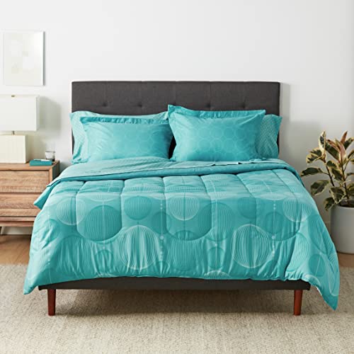 Amazon Basics Full/Queen Comforter Set with Geometric Sheets, 7-Piece Industrial Teal Bedding, Lightweight Microfiber Bed-in-a-Bag