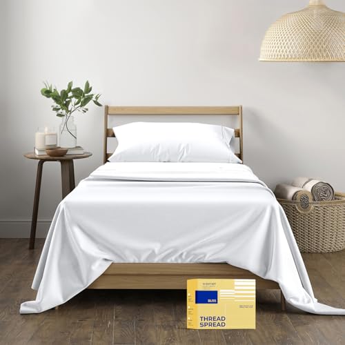 THREAD SPREAD Luxury Egyptian Cotton Sheets Twin XL Size - 600 Thread Count 3 PC White Twin XL Set Deep Pockets, Extra Soft, Cooling Extra Long Staple Sateen Weave Cotton College Dorm Bedding Twin XL