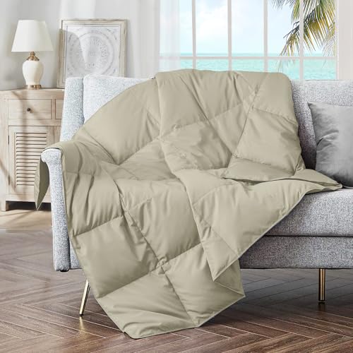 puredown Soft Feather Down Throw Blanket Lightweight Packable Couch Throw for Indoor and Outdoor Use, 50"X70", Beige