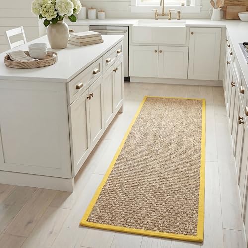 SAFAVIEH Natural Fiber Collection Runner Rug - 2'6" x 8', Natural & Gold, Seagrass, Basketweave Pattern with Border (NF114X)