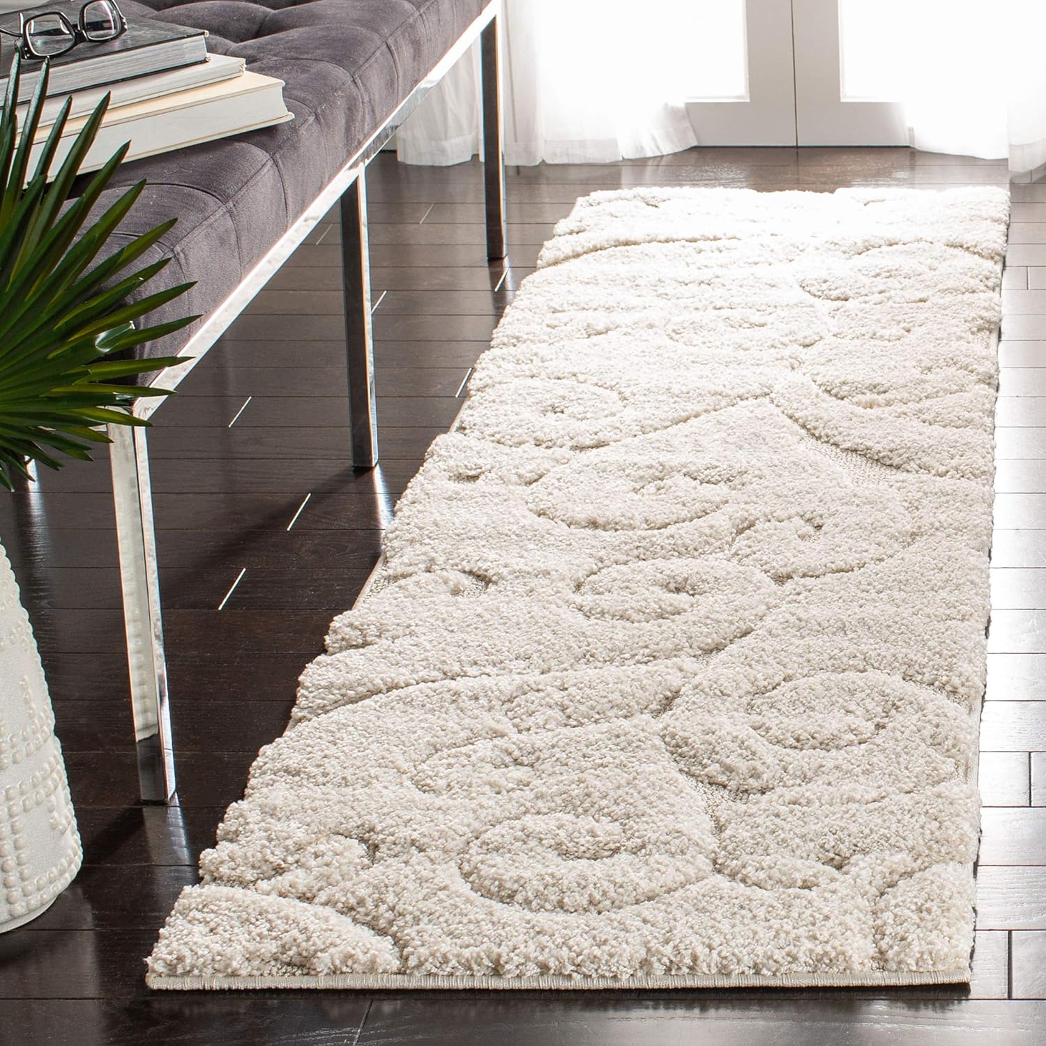 SAFAVIEH Florida Shag Collection Runner Rug - 2'3" x 11', Creme & Creme, Scroll Design, Non-Shedding & Easy Care, 1.2-inch Thick Ideal for High Traffic Areas in Living Room, Bedroom (SG455-1111)