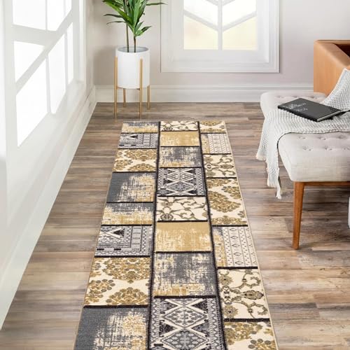 Custom Size Grey Ivory Fancy Patchwork Rubber Backed Non-Slip Hallway Stair Runner Rug Carpet 31 inch Wide Choose Your Length 31in X 30ft