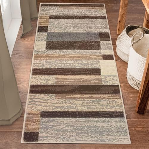 Superior Indoor Runner Rug, Jute Backed, Modern Geometric Patchwork Floor Decor for Bedroom, Office, Living Room, Entryway, Hardwood Floors, Rockwood Collection, 2' 7" x 8', Slate