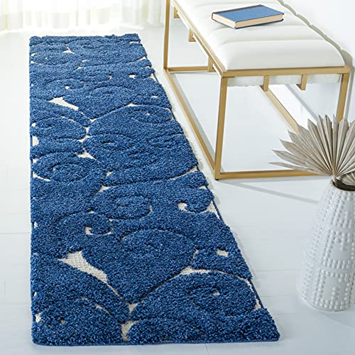 SAFAVIEH Florida Shag Collection Runner Rug - 2'3" x 9', Dark Blue & Cream, Scroll Design, Non-Shedding & Easy to Clean, High-Low Plush Pile, Ideal for Bedroom, Foyer, Hallway (SG455-6511)