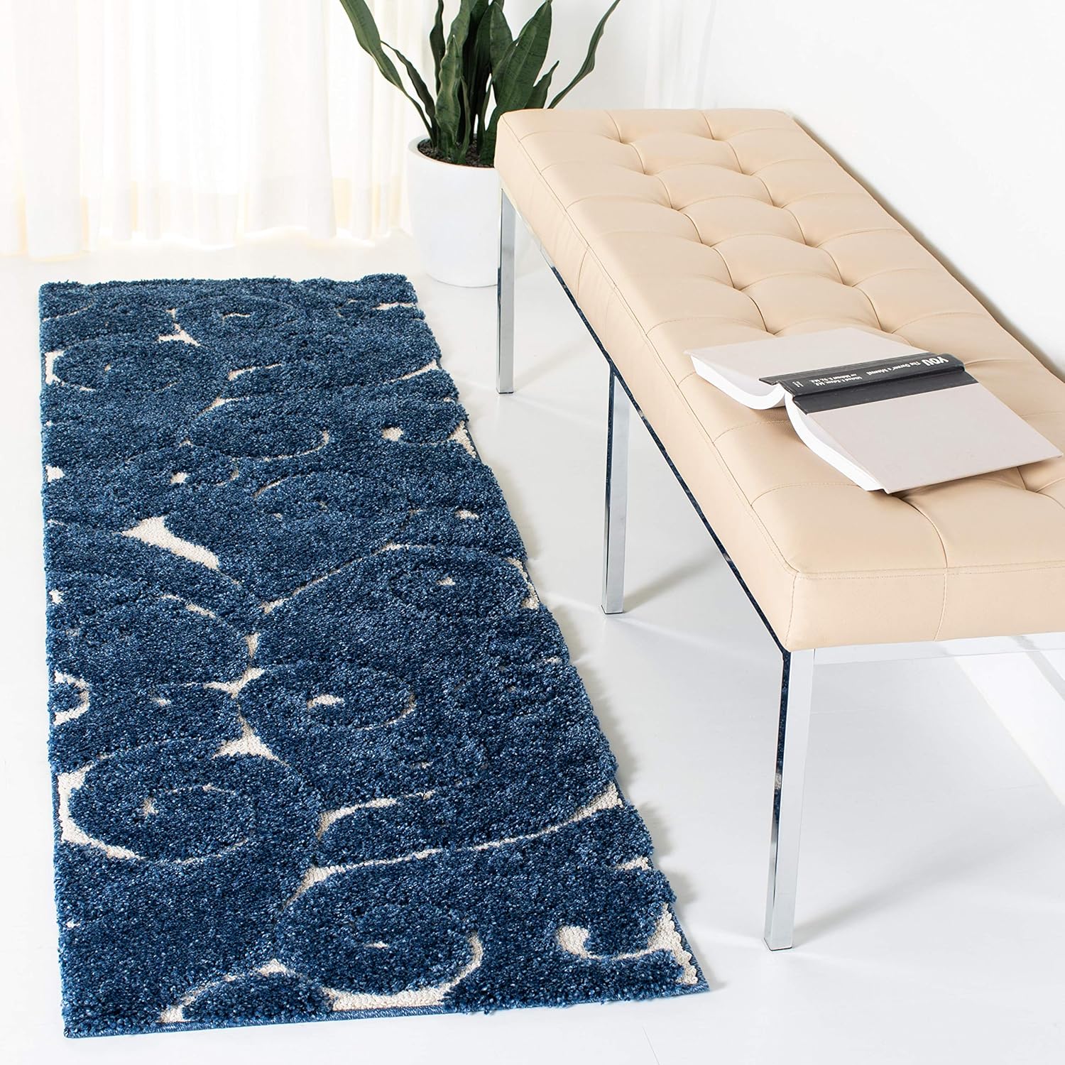 SAFAVIEH Florida Shag 2'3" x 11' Dark Blue & Cream