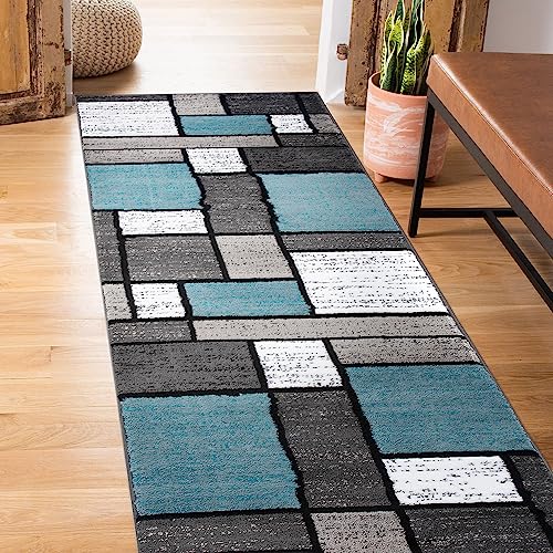 Rugshop Contemporary Modern Boxes for Home Office,Living Room,Bedroom,Kitchen Non Shedding Runner Rug 2' x 7'2" Blue/Gray