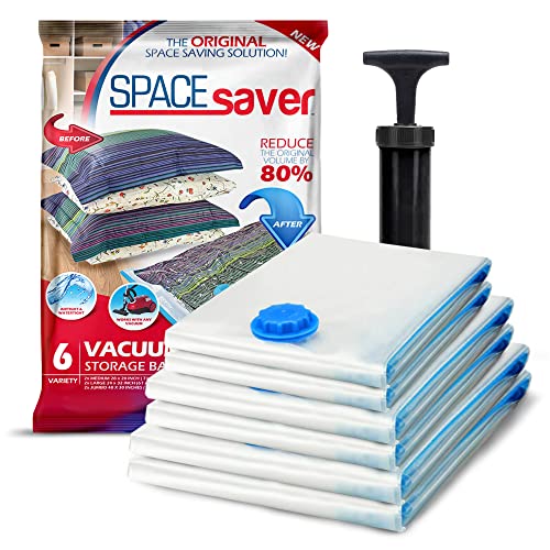 Spacesaver 6 Pack Variety Vacuum Seal Bags for Clothing, Travel, Blankets - Compression Bag with Hand Pump - Space Saver Vacuum Storage Bags for Bedding, Moving, Travel & Organization (2M, 2L&2XL)
