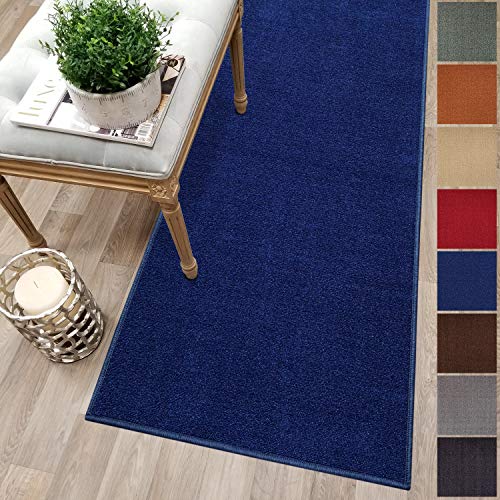 Kapaqua Custom Size Blue Solid Plain Rubber Backed Non-Slip Hallway Stair Runner Rug Carpet 22 inch Wide Choose Your Length 22in X 11ft