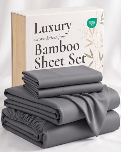 Hotel Sheets Direct 4 Piece Bed Sheet Set Queen Size, 100% Viscose Derived from Bamboo Sheets Set with 2 Pillowcases, Cooling & Breathable Luxury Bedding, Moisture-Wicking & Silky Soft, Dark Gray