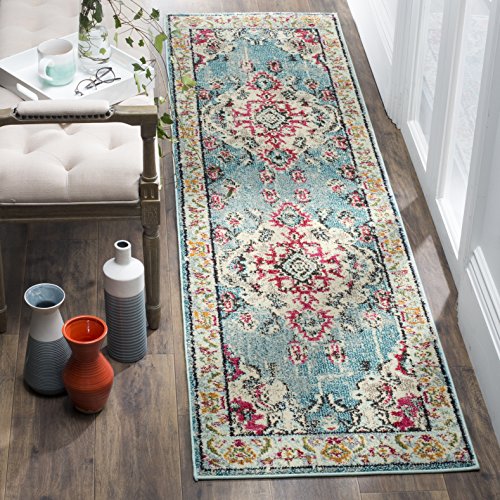 SAFAVIEH Monaco Collection Runner Rug - 2'2" x 12', Light Blue & Fuchsia, Medallion Distressed Design, Non-Shedding & Easy Care, Ideal for High Traffic Areas in Living Room, Bedroom (MNC243J)