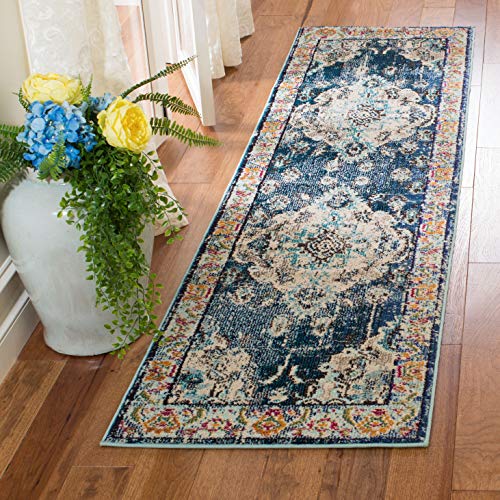 SAFAVIEH Monaco Collection Runner Rug - 2'2" x 16', Navy & Light Blue, Boho Chic Medallion Distressed Design, Non-Shedding & Easy Care, Ideal for High Traffic Areas in Living Room, Bedroom (MNC243N)