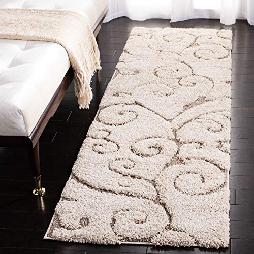 SAFAVIEH Florida Shag Collection Runner Rug - 2'3" x 19', Cream & Beige, Scroll Design, Non-Shedding & Easy Care, 1.2-inch Thick Ideal for High Traffic Areas in Living Room, Bedroom (SG455-1113)