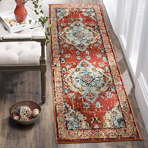 SAFAVIEH Monaco Collection Runner Rug - 2'2" x 16', Orange & Light Blue, Boho Chic Medallion Distressed Design, Non-Shedding & Easy Care, Ideal for High Traffic Areas in Living Room, Bedroom (MNC243H)