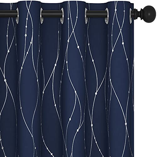 Deconovo Blackout Curtains for Living Room, Thermal Insulated Soundproof Drapes, Wave Dots Silver Print, 52 x 84 Inches Long, 2 Panels, MachineWashable Window Panel for Bedroom Patio Door, Navy Blue