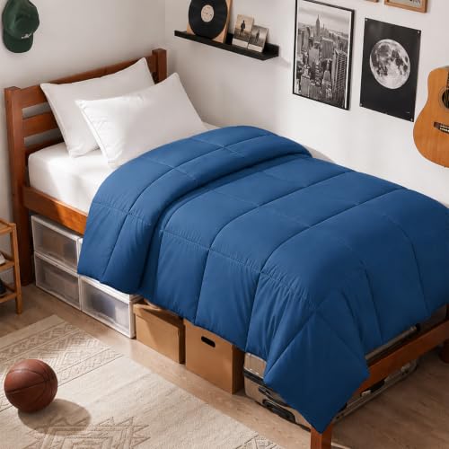 EASELAND Twin Size Down Alternative Comforter - Quilted Duvet Insert for All Seasons, Soft Lightweight with Corner Tabs, Navy 6488 Inches