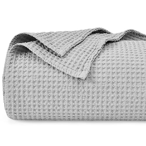 PHF 100% Cotton Waffle Weave Blanket Queen Size for Bed,Snag Proof Lightweight Breathable Moisture-Wicking Throw for Couch,Great for Layering in Cold Weather,Machine Washable, Home Decor Gift-Light Grey