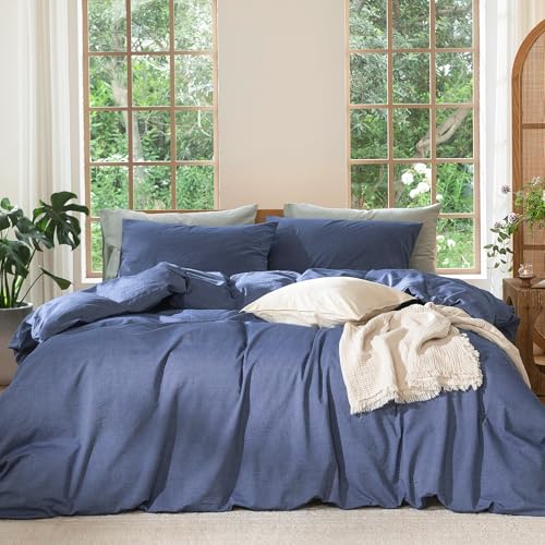 MooMee Bedding Duvet Cover Set 100% Washed Cotton Linen Like Textured Breathable Durable Soft Comfy (Heathered Blue, Queen 90"x90")
