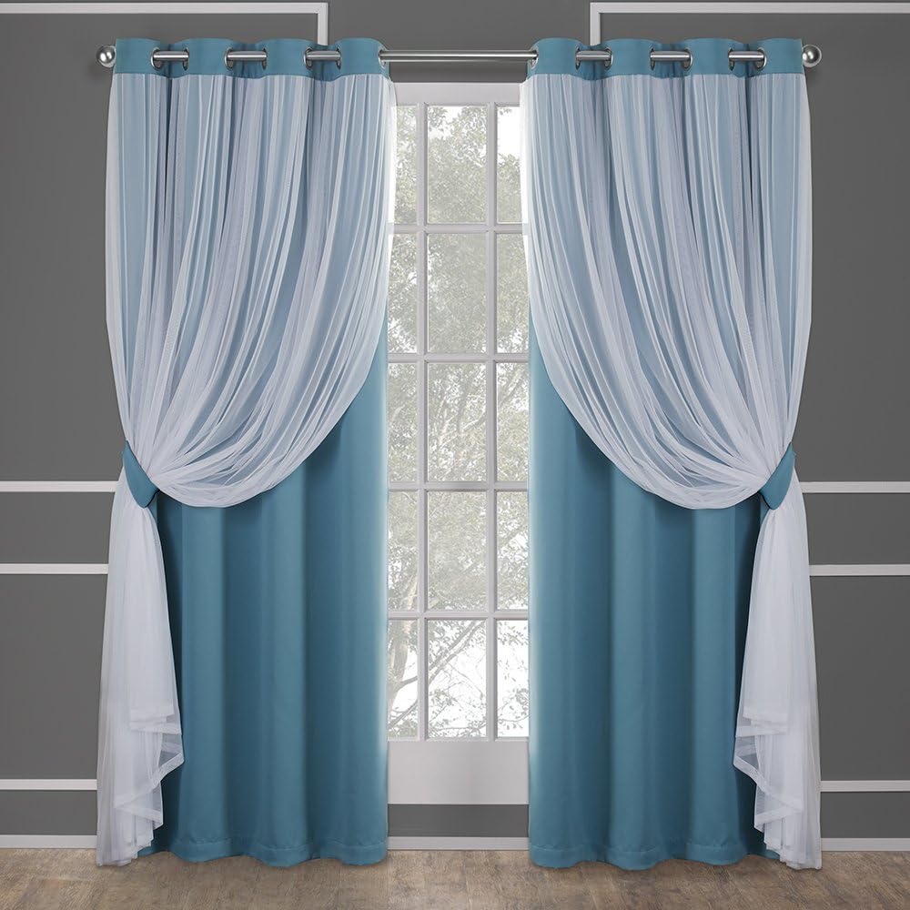 TOWN & COUNTRY LUXE Talia Double Layer Indoor Curtains, Sheer and Room Darkening Blackout, Grommet Top, Energy Efficient, 2-Pack Set, 52"W x 108"L (Pack of 2), Turquoise 2 Count