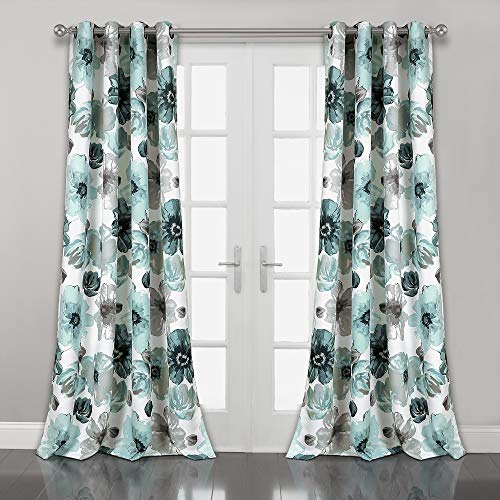Lush Decor Leah Light Filtering Window Curtain Panels, Pair, 52" W x 84" L, Blue - Floral Drapes for Bedroom - Blue Curtains - Farmhouse Decor
