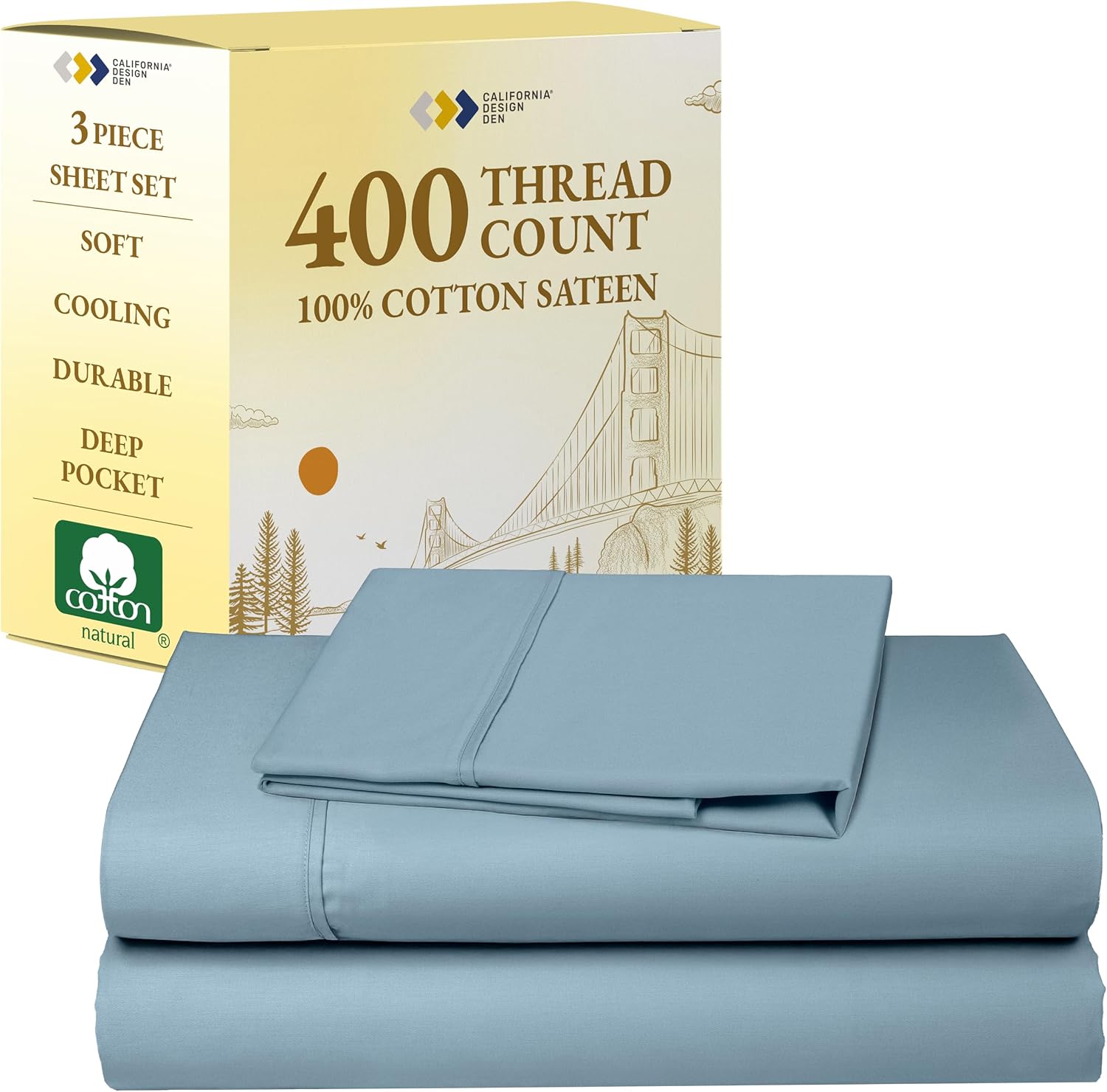 California Design Den Twin XL Sheet Sets - Soft 400 Thread Count Sateen, Natural 100% Cotton Sheets Set with Deep Pockets, Cooling and Durable Bedding - Sky Blue