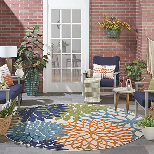 Nourison Aloha Indoor/Outdoor Multicolor 7'10'' x Round Area-Rug, Tropical, Botanical, Easy-Cleaning, Non Shedding