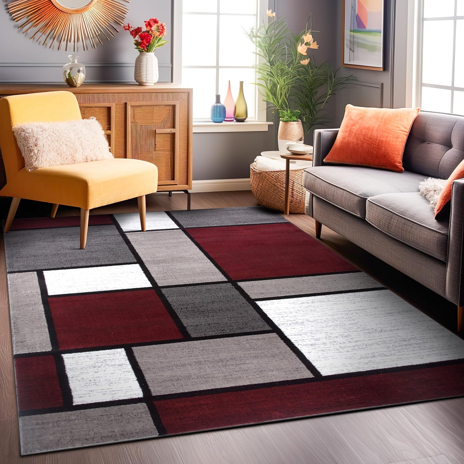 Rugshop Modern Geometric Boxes Red Area Rug, Fade-Resistant Carpet for Living Room, Bedroom, or Family Room, 7'10" x 10'2"