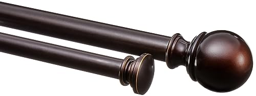 Amazon Basics Adjustable Curtain Rods for Windows, Round Finials, 1-Inch Double, 72" to 144", Dark Bronze, Pack of 1