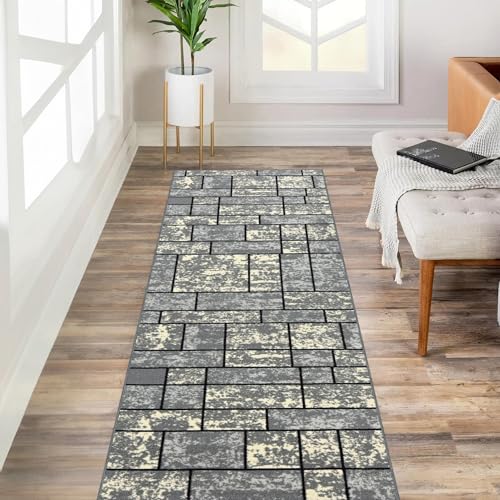 Custom Size Grey Ivory Stone Boxes Rubber Backed Non-Slip Hallway Stair Runner Rug Carpet 22 inch Wide Choose Your Length 22in X 40ft