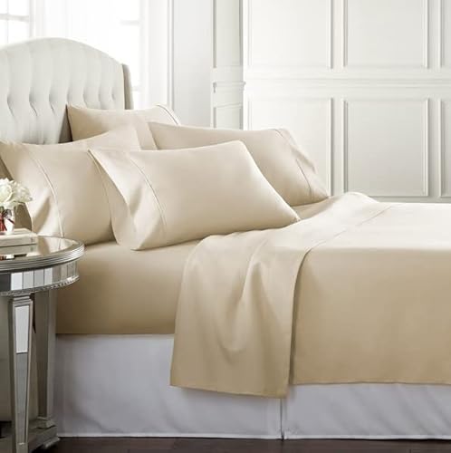 Danjor Linens Bed Sheet Set Cal King for Hot Sleepers, Hotel Premium Sheets with 4 Pillowcases, Lightweight Brushed Microfiber Deep Pockets, Breathable Cooling 6 Piece Bedding Sets, Cream