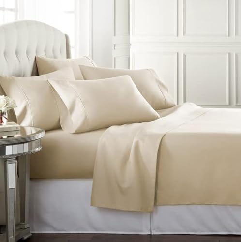 Danjor Linens Bed Sheet Set King Size for Hot Sleepers, Hotel Premium Sheets with 4 Pillowcases, Lightweight Brushed Microfiber Deep Pockets, Breathable Cooling 6 Piece Bedding Sets, Cream