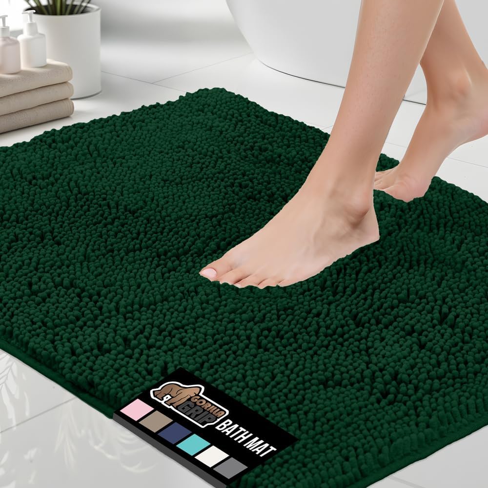 GORILLA GRIP Bath Rug Mat 44x26, Soft Absorbent Chenille, Quick Dry Microfiber Mats, Rubber Backing Washable Shower Floor Rugs, Bathmat Runner, US Designed Bathroom Decor Accessories Hunter Green