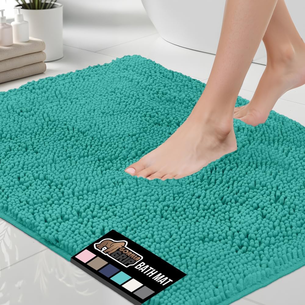 GORILLA GRIP Bath Rug Mat 44x26, Soft Absorbent Chenille, Quick Dry Microfiber Mats, Rubber Backing Washable Shower Floor Rugs, Bathmat Runner, US Designed Bathroom Home Decor Accessories Turquoise